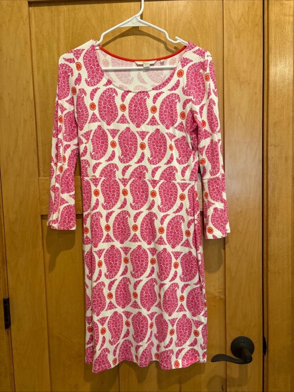 Boden Pink & Orange‎ Paisley Print Dress US 6 R  3/4 Bell Sleeve Stretch